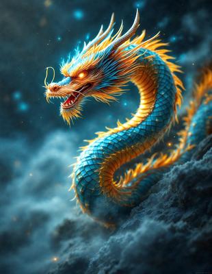 Primary subject: A blue and yellow dragon with a fierce expression.

Setting/background: The dragon is in a dark, cloudy sky, with a rocky surface visible in the background.

Visual style: The image is a digital artwork, featuring a detailed and vibrant dragon.

Colors and mood: The dragon has a predominantly blue and yellow color scheme, with a fierce and menacing expression. The dark, cloudy sky adds a sense of intensity and drama